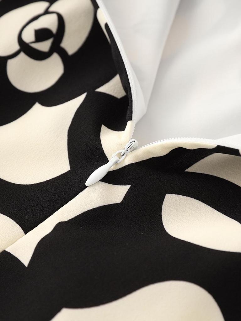 Light Luxury Camellia Print High Waist Slimming Dress