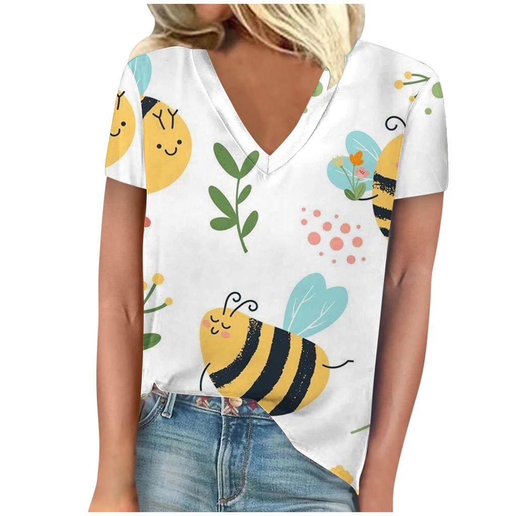 vintage women bee print t shirt short sleeve v neck tops comfortable t-shirts