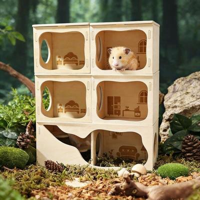 Wooden Hamster House Detachable Rodent Hiding Corner New Hamster Villa  Pet Play Area