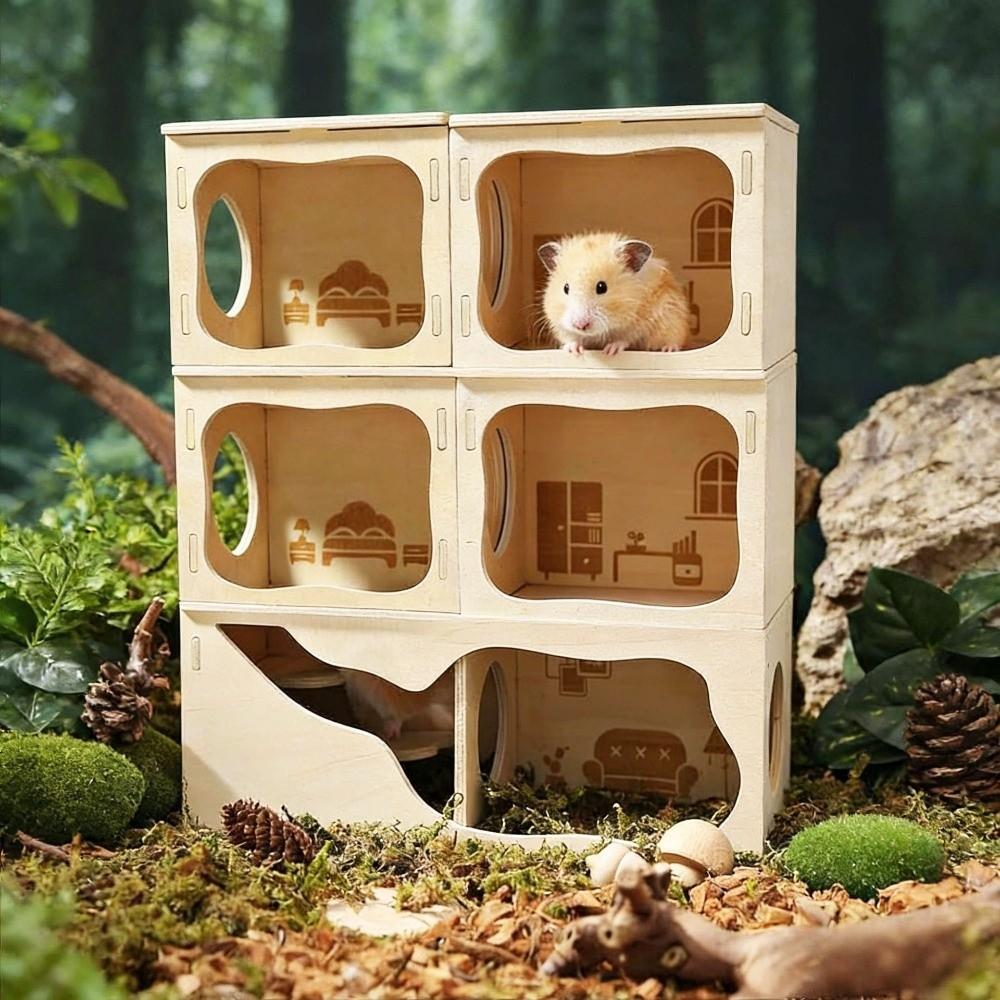 Practical Climbing Structure Wooden Hamster House Detachable Chew-Proof Hamster Villa Stackable Mouse Habitat Playing