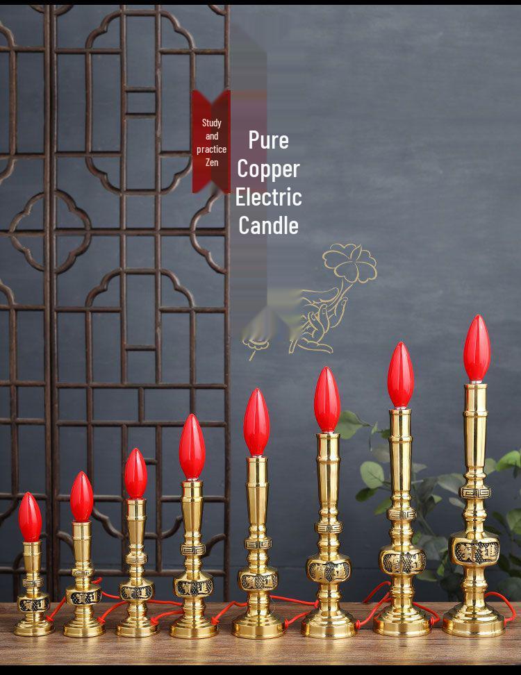 Pure Copper LED Candle Lamp for Offering: Everlasting Wealth God Incense Candlestick