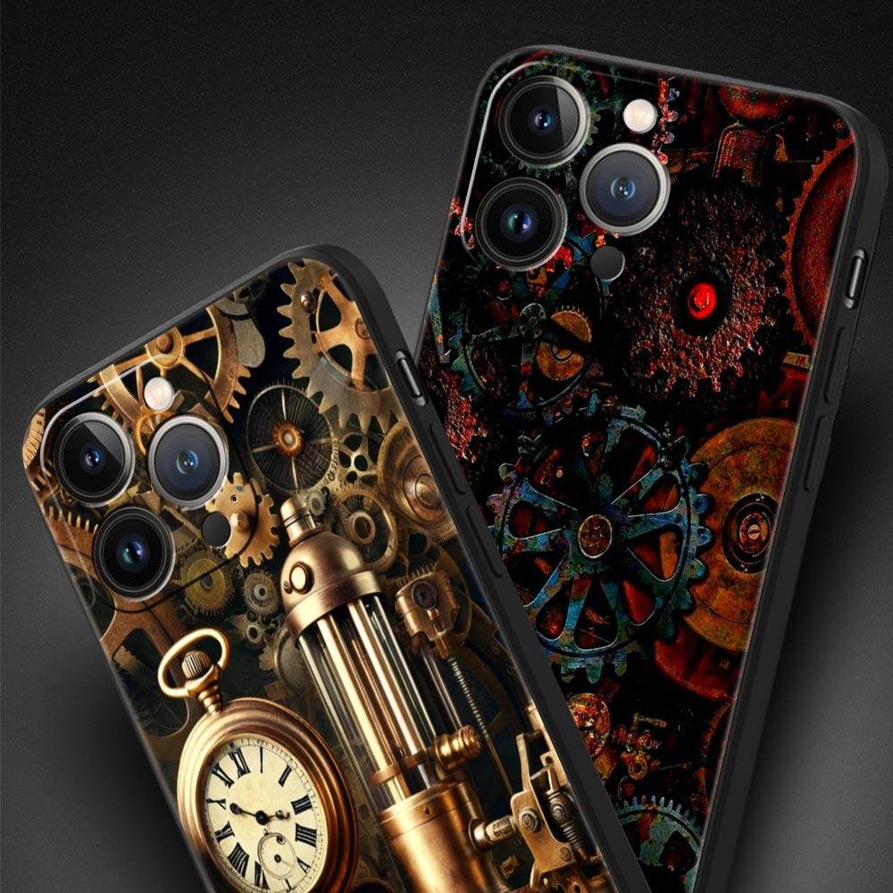 Mechanical Gear Pattern Phone Case Cover for iPhone 17 16 15 14 13 12 11 Pro Max 17 Air Plus Shockproof Soft TPU Shell Funda Bag