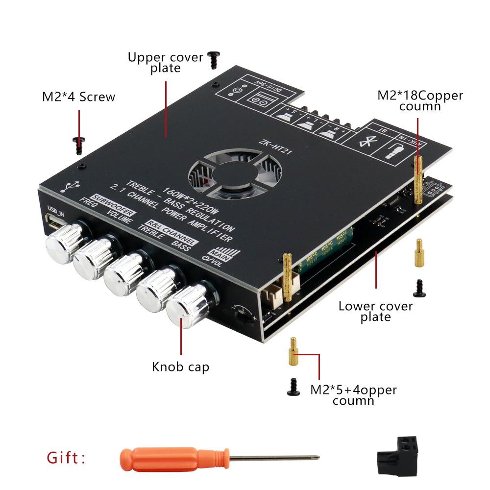 ZK-HT21 3G Bluetooth 5.0 Amplifier Module 2.1 Channel TDA7498E 160Wx2+220W Subwoofer Support AUX USB APP Control