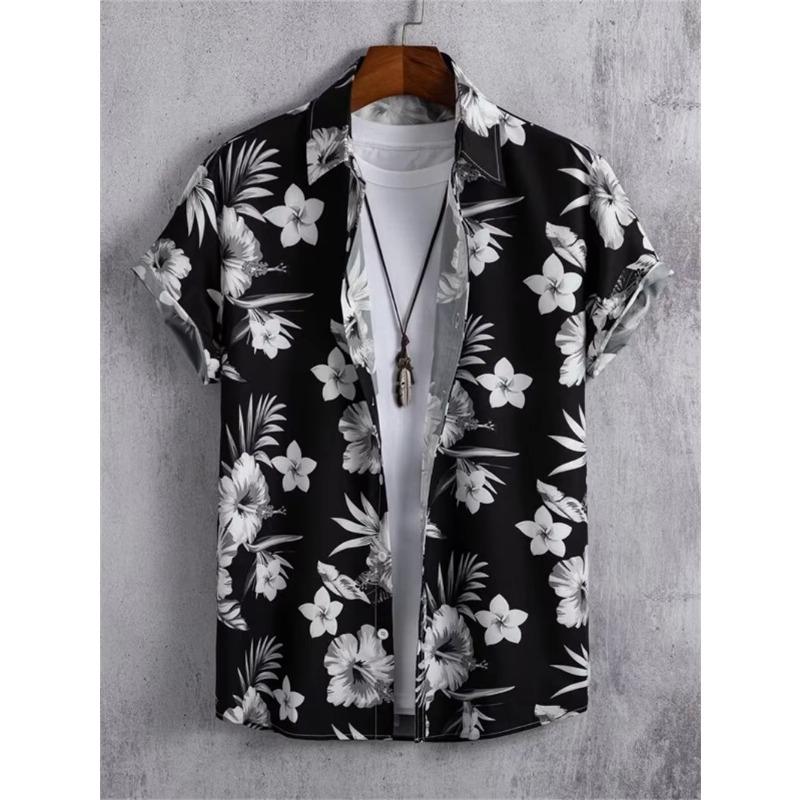 Hawaiian Botanical Flower Men's and Women's Short Sleeve Lapel Seaside Button-Down Shirt Top Casual Fashionable Shirts