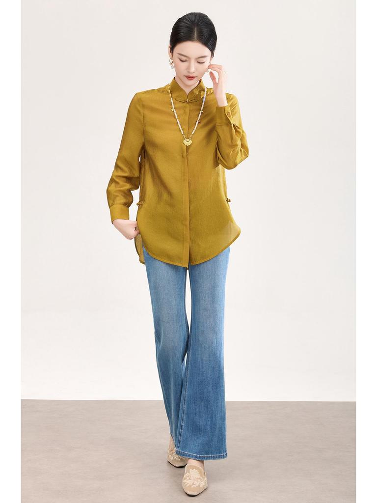 High-End Women's Silk Jacquard Frog Button Zen Shirt - Chinese Style Tea Ceremony Top for Spring