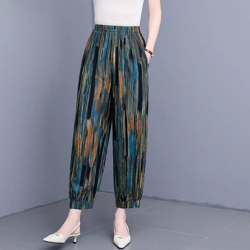 Woman Summer High Waist Pants Plus Size Elastic Waist Floral Lantern Pants