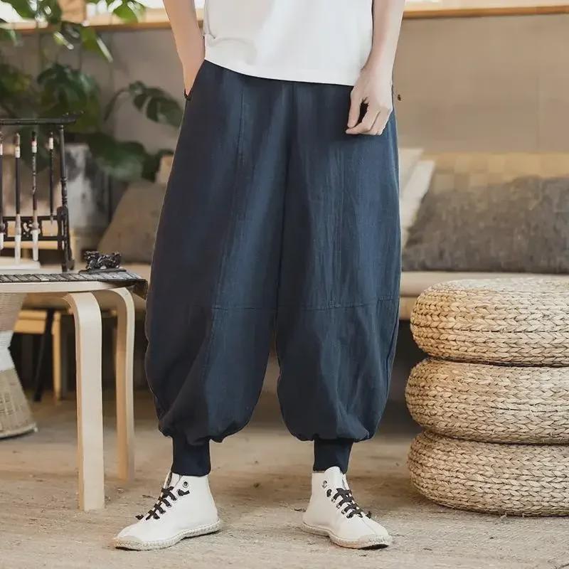 

Мужские широкие летние брюки из хлопка и льна в китайском стиле с вышивкой больших размеров 5XL темно-синий