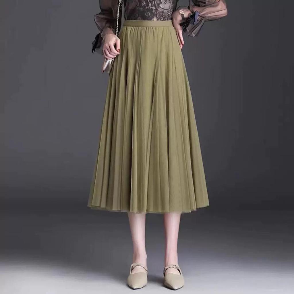 2025 High-Waist A-Line Mesh Skirt: Three-Layer Pleated Fairy Skirt for Spring & Autumn