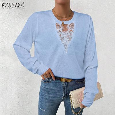 Women Casual Hollow Lace Splice Long Sleeve Thin Knitted Sweater