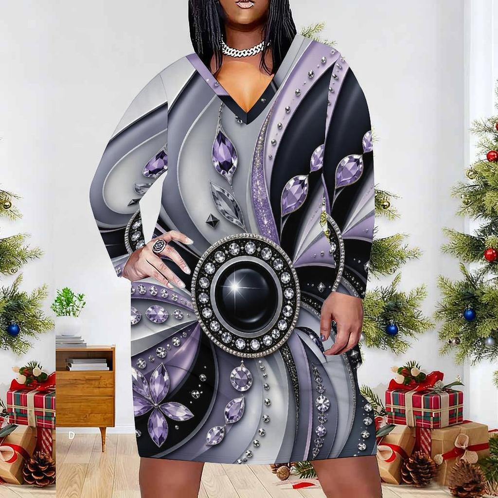 Women Plus Size V Neck Long Sleeve Printed Fitted Straight Dress White Black