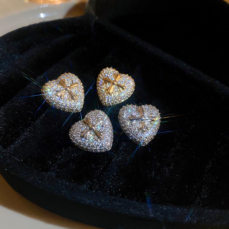 Luxury Zircon Heart Cross Earrings: Gold-Plated Sterling Silver, Elegant European & American Style for Women