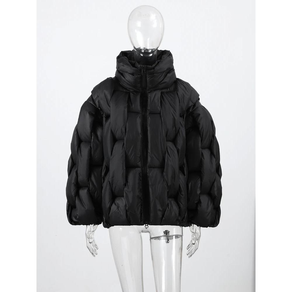 

Куртка жіноча елегантна бомбер з коміром-стійкою на блискавці з ромбоподібним візерунком, стьобана, з довгими рукавами-ліхтариками, вільного крою, з кишенями M чорний