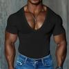 Herren Deep V-Ausschnitt Kurzarm T-Shirt Slim Fit Muskel Lässig Einfarbiges Oberteil