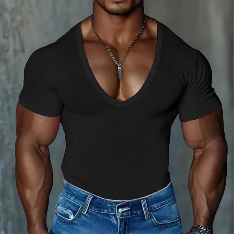 Herren Deep V-Ausschnitt Kurzarm T-Shirt Slim Fit Muskel Lässig Einfarbiges Oberteil