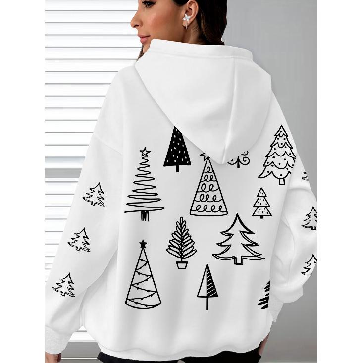 Christmas New Women's Hooded Top, Christmas Tree Print, Minimalist Casual Style, Festive Vibe