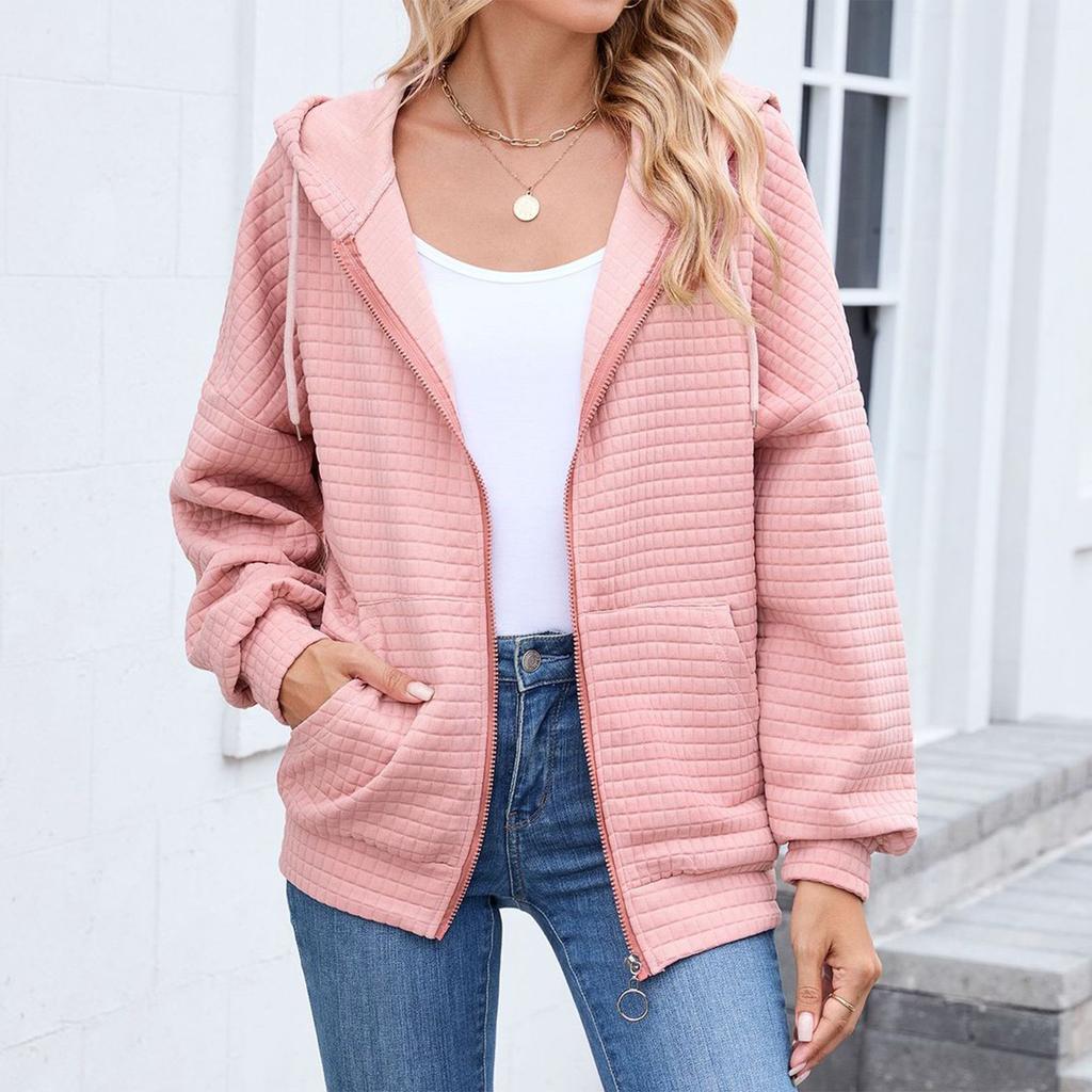 Women's Fashionable Solid Color Zipper Long Sleeved Hooded Pocket Sweatshirt Jacket