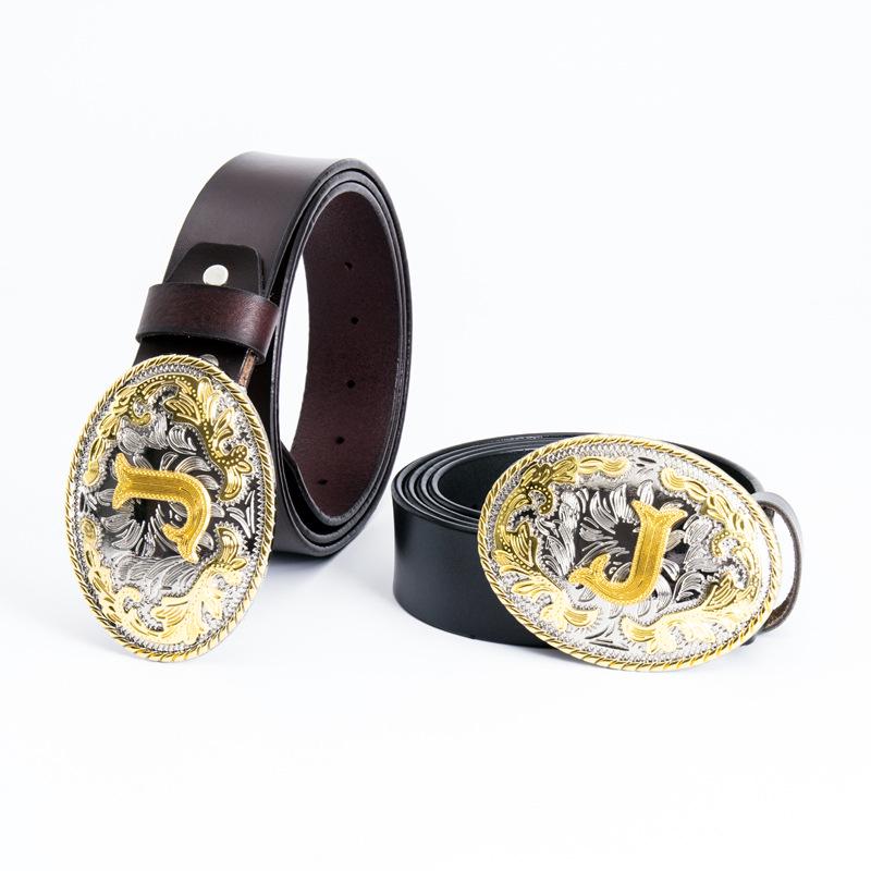 Men's Retro Full-Grain Leather Wide Belt with Ethnic Letter H Design