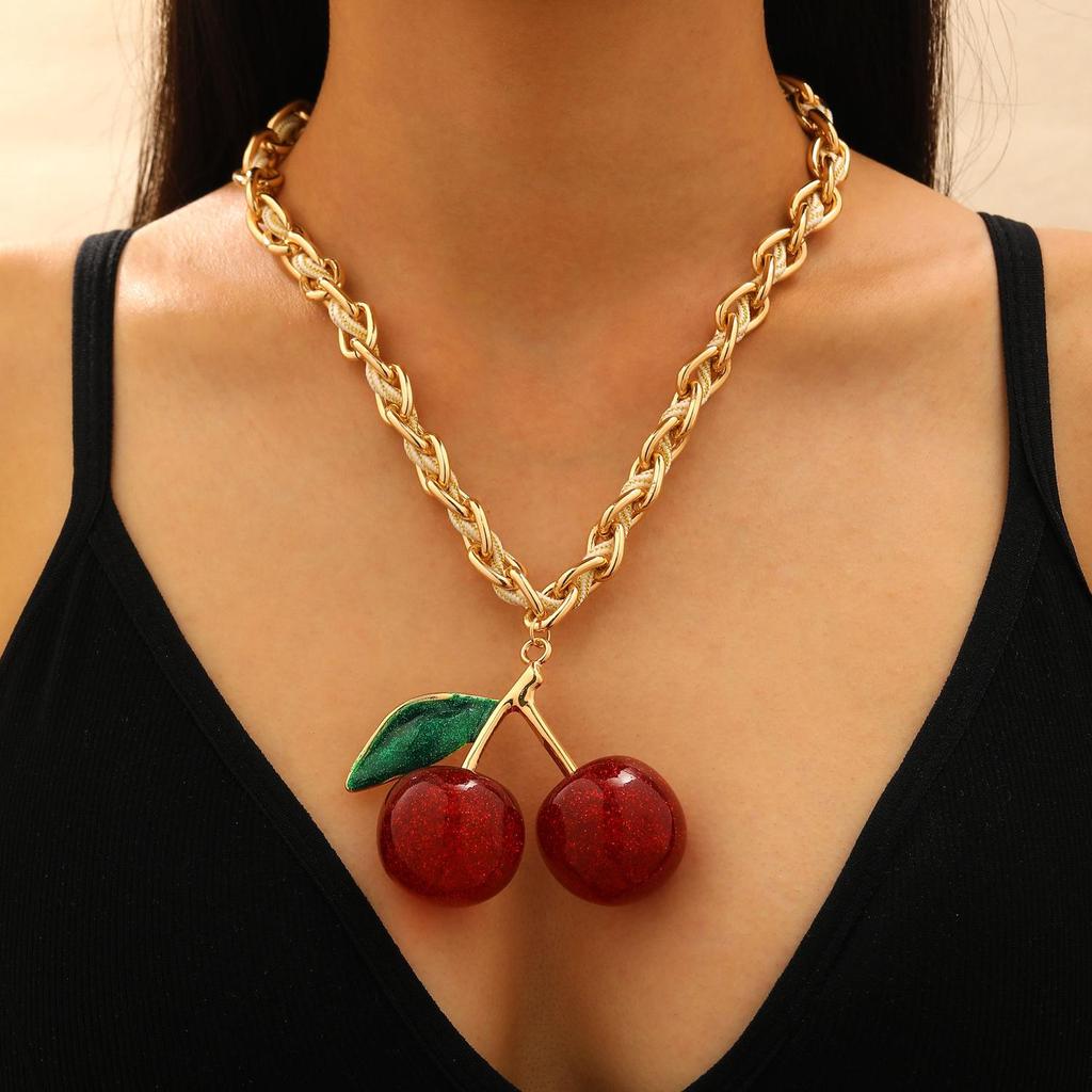 Fashionable Exaggeration Red Cherry Fruit Pendant Personalized Thick Chain Necklace For Women