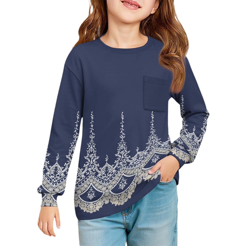 Girls' Long Sleeve Blouse - Round Neck Soft Waist Tunic