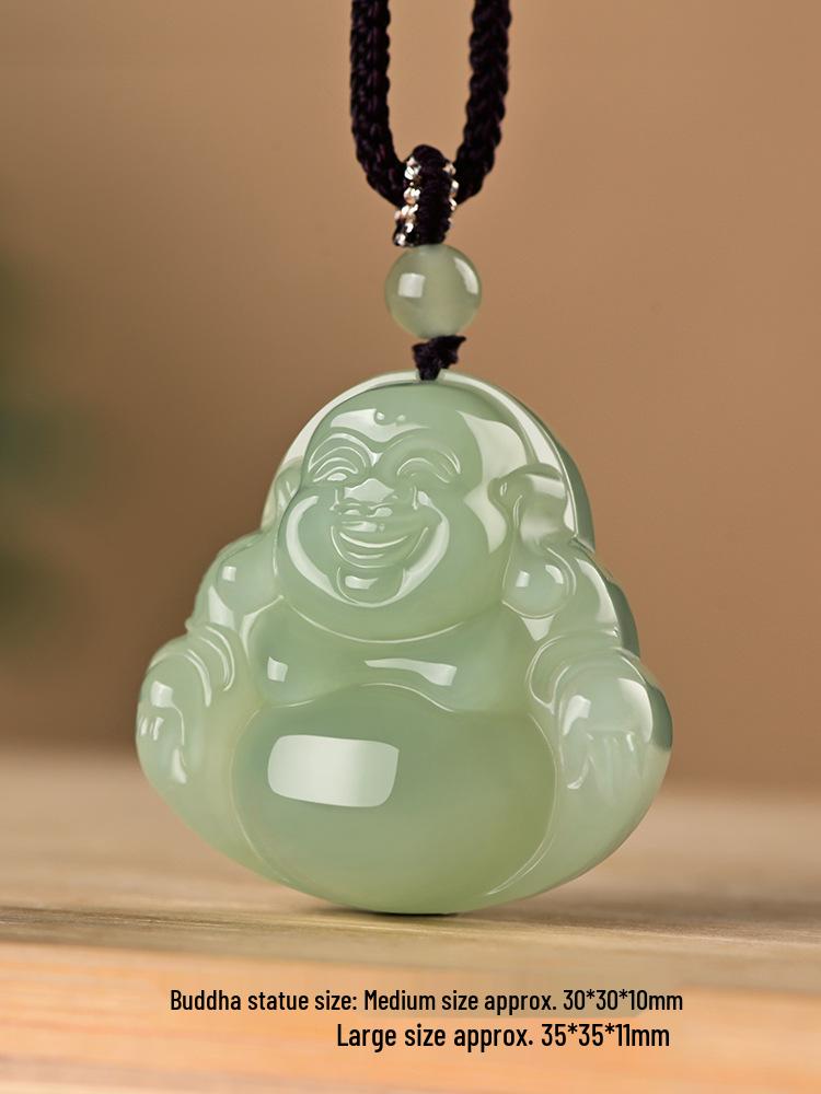 Natural Hetian Jade Guanyin & Buddha Couple Pendants – Clear Water Big Belly Bodhisattva Design.