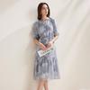 Zhaojun Women's Mulberry Silk Pleated Jacquard Half-Sleeve Dress