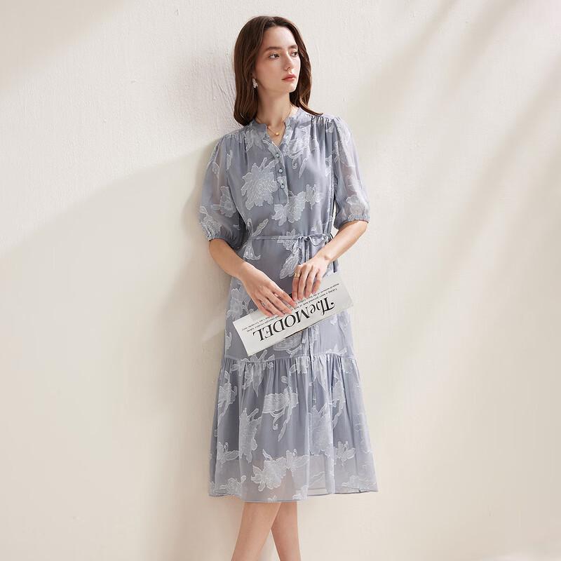 Zhaojun Women's Mulberry Silk Pleated Jacquard Half-Sleeve Dress