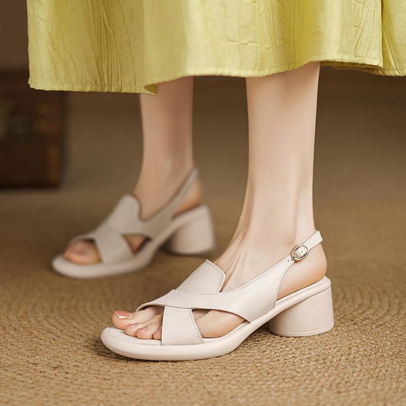 New Women's One-word Sandals Casual Black High-heeled Sandals Women's Thick-soled Non-slip Summer Square Heel Round Head Foot Cover