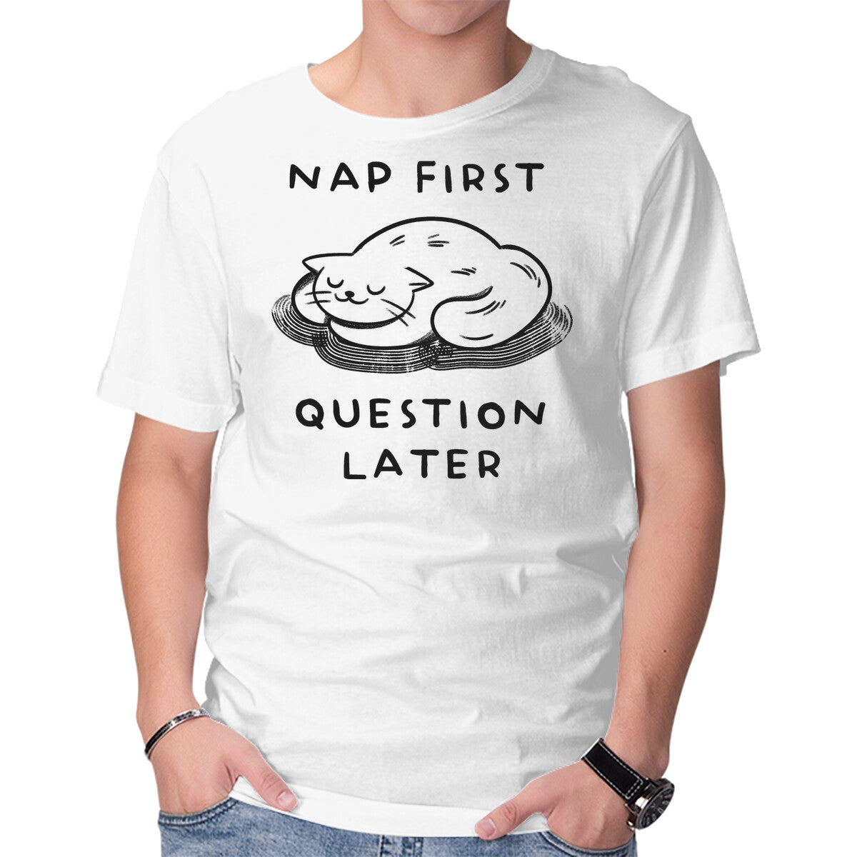 Unisex Crew Neck T-Shirt Nap First Question Later Graphic Short Sleeve Casual Tee M