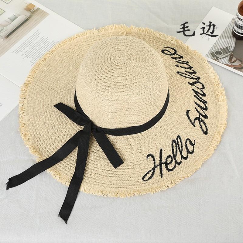 Lace bow big brim straw hat women's summer breathable sunshade sunscreen beach hat sweet bucket hat