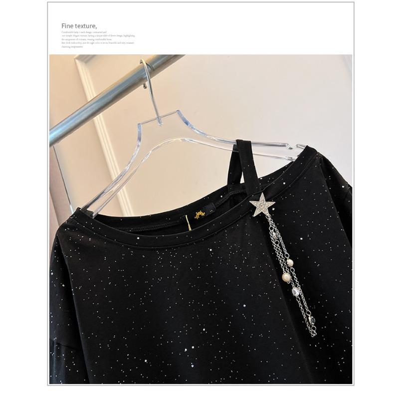 Women's Summer Plus Size Shiny Glitter Off Shoulder One Shoulder T-Shirt Off Shoulder Tops
