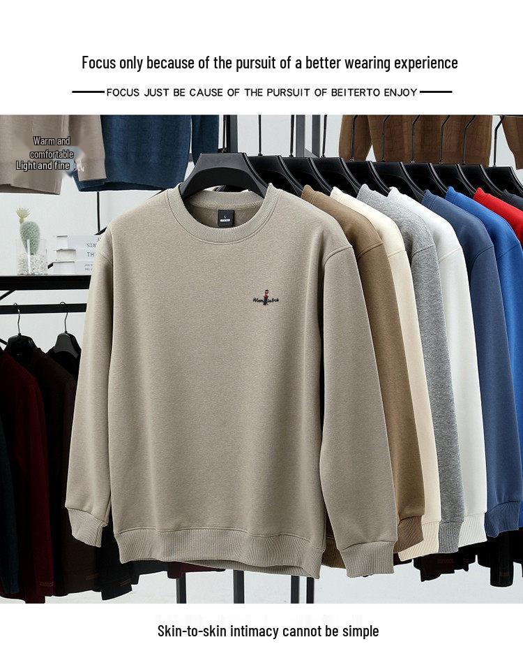 Men's Thickened Velvet Woodpecker Hoodie - Long Sleeve, Round Neck, Solid Color Cotton T-Shirt for Autumn/Winter