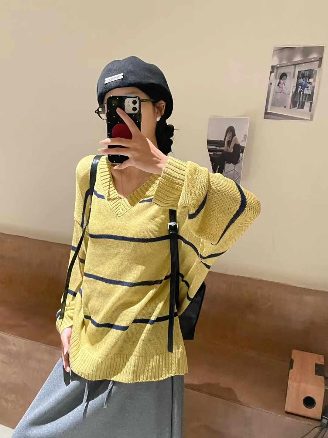 

DA7 Женский корейский трикотажный топ в полоску с V-образным вырезом - Весна Большой размер Повседневный крой One Size