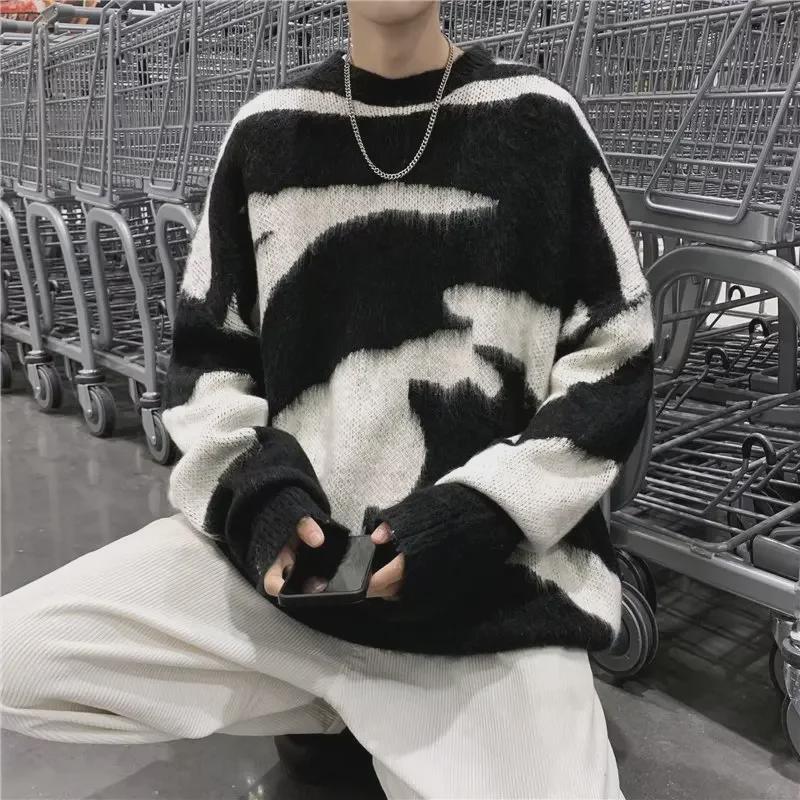 Černo-bílý unisex vlněný svetr - Trendy, volný podzimní/zimní streetový styl