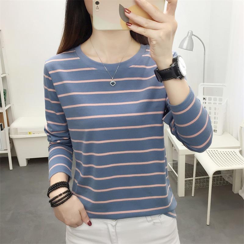 Autumn Spring Women's Plus Size Long-Sleeve Striped Cotton T-Shirt Striped Base Shirt for Outerwear