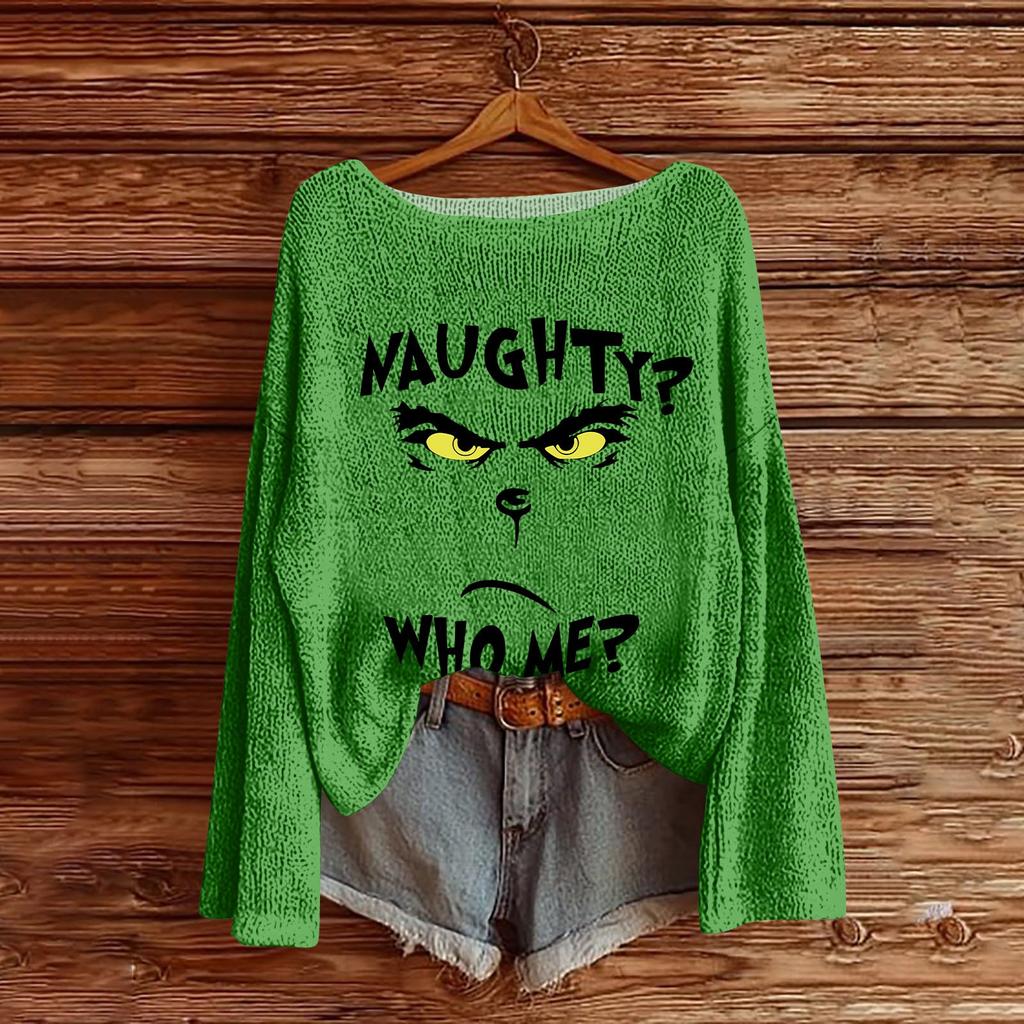 Women's Round Neck Lightweight Sweater Casual Long Sleeve Christmas Print Knit Pullover.
