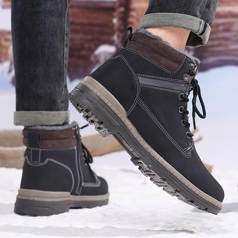 TUINANLE Men Winter Boots Warm Plush High-top Velcro Non-slip Chunky Heel Snow Outdoor Shoes