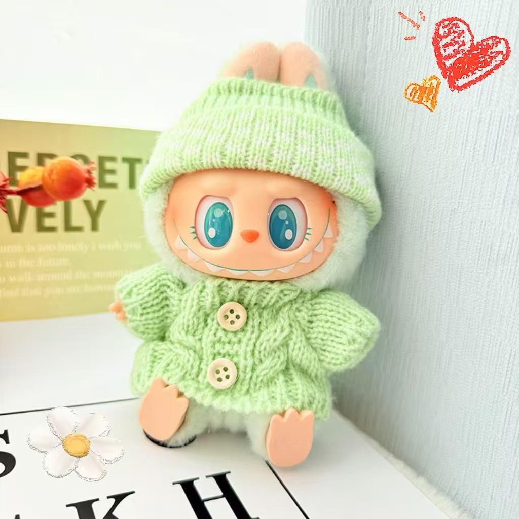 15-17cm Labubu Clothes Outfit Set for V1 V2 Cute Sitting Party Doll Sweater Hat Bag Accessories for Mini Plush Dolls Decoration