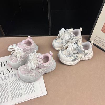 Girls' Lightweight Rhinestone Bow Sneakers - 2026 Spring/Autumn Fashion Sports Shoes