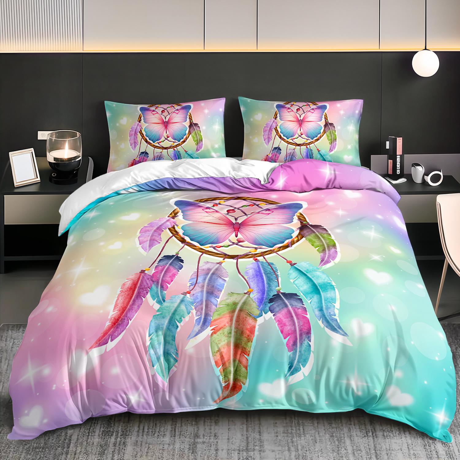 3pcs Watercolor Butterfly Dreamcatcher Bedding Duvet Cover Set Bohemian Dreamcatcher Bedding Quilt Set Girlish Themed Duvet Cover Set&EU Single(135x200cm)