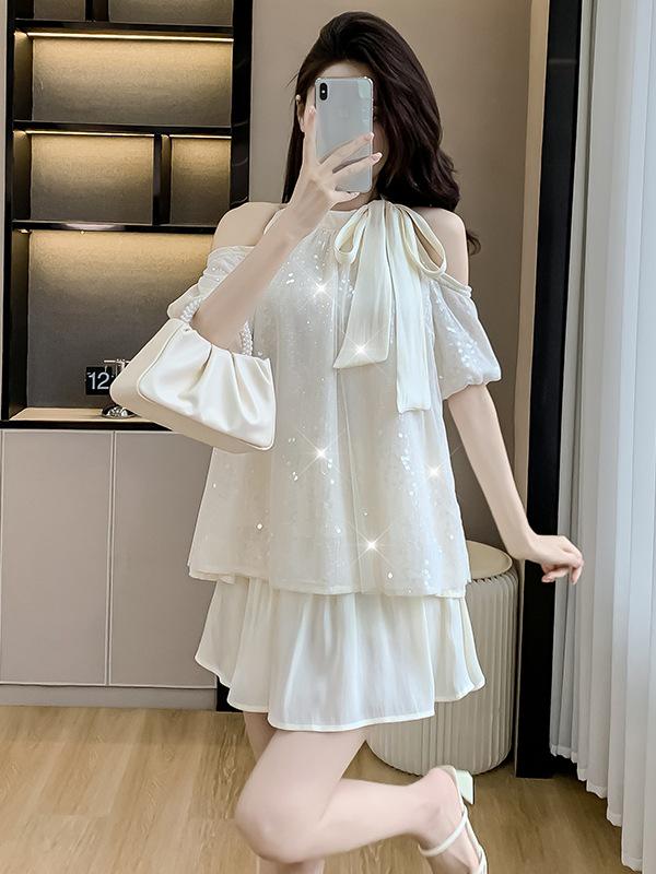 

Summer French Off-Shoulder Chiffon Halter Top with Mesh S