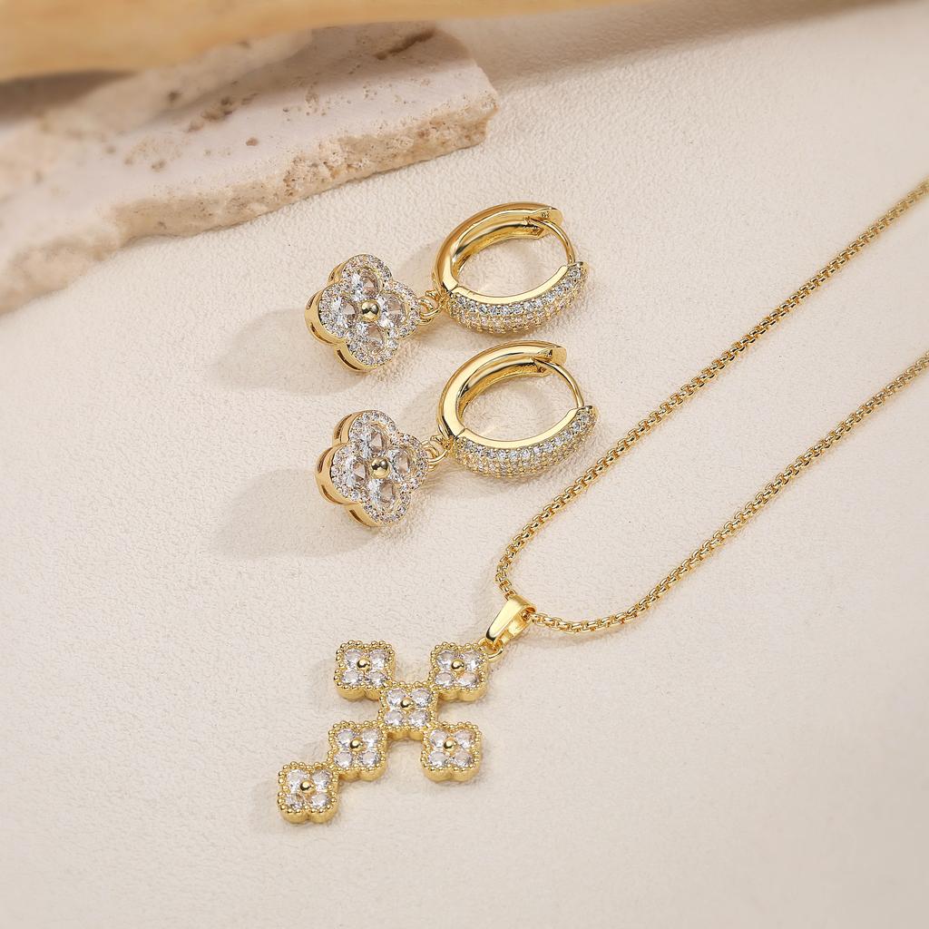Floral Cross Pendant Necklace/Earrings for Women Brass Chain Plated with 18K Gold Long Amulet Choker for Women 1 Item