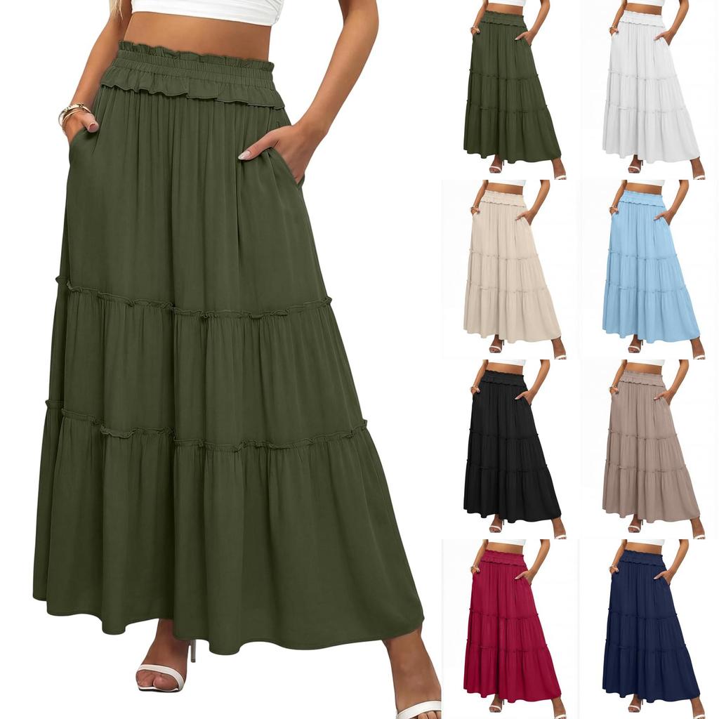 Gonna Lunga Maxi a Strati a Vita Alta da Donna con Elastico in Vita e Tasche Gonna Lunga Svasata per Uso Casual o Quotidiano