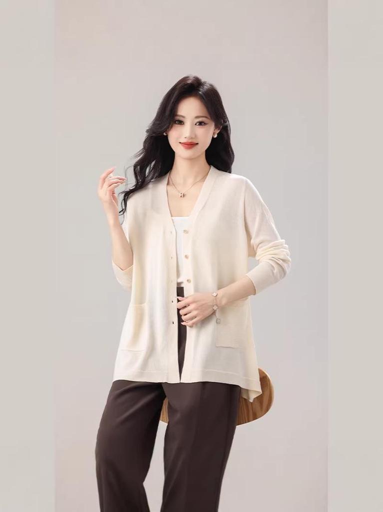 2026 Spring Women's Casual Korean Style Ice Silk Knit Cardigan - Single-Breasted, Long Sleeve, Loose Fit, Plus Size Sweater