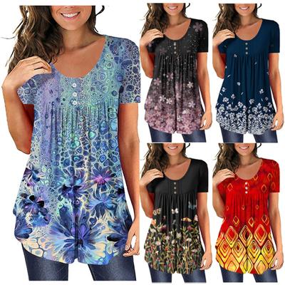 Damen Kurzarm-Tunika, lockere Oberteile, lässig, Übergröße, Oberteile, plissierte Tunika, Knopf-T-Shirts