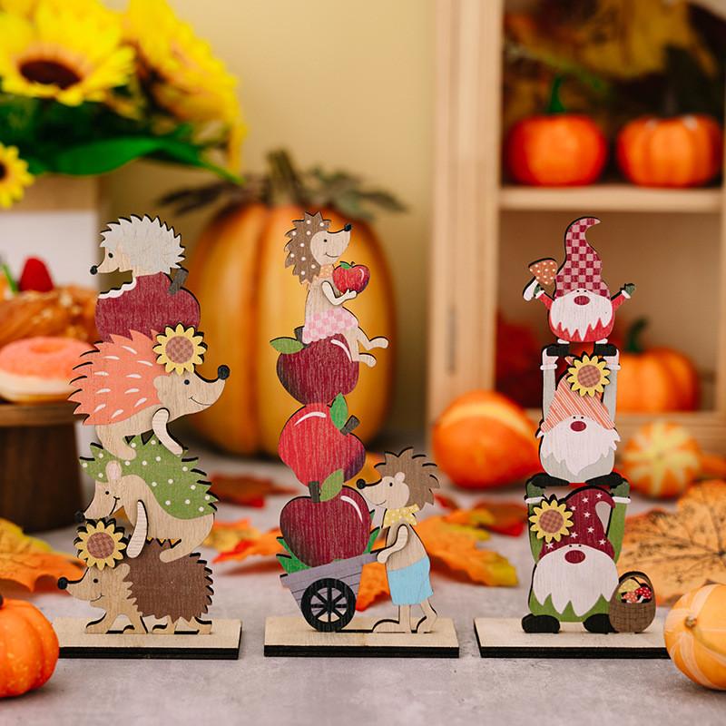 Wooden Thanksgiving Whimsical Decorations Featuring Cute Gnome Hedgehog And Charming Apple Pumpkin Designs