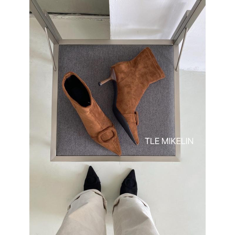 Hong Kong style short boots women's suede autumn and winter square buckle sleeve thin boots thin heel pointed bare boots thin heel fashion boots