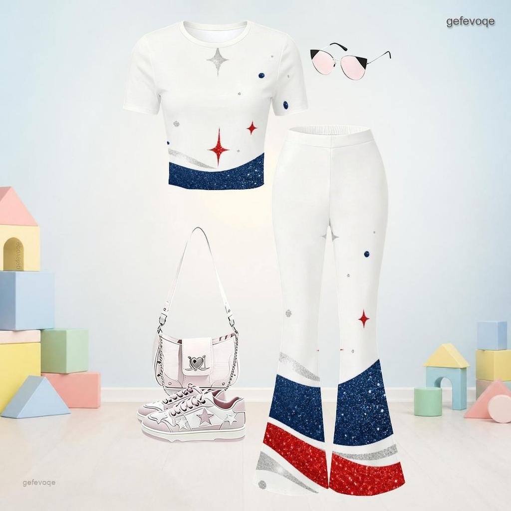 Girls Red Blue White Printed Round Neck Short Sleeve Top Flared Pants Two Piece Set