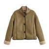 Womens Fleece-Lined Suede Jacket Short Warm Hoodless Coat Casual Korean Style Fall Winter
