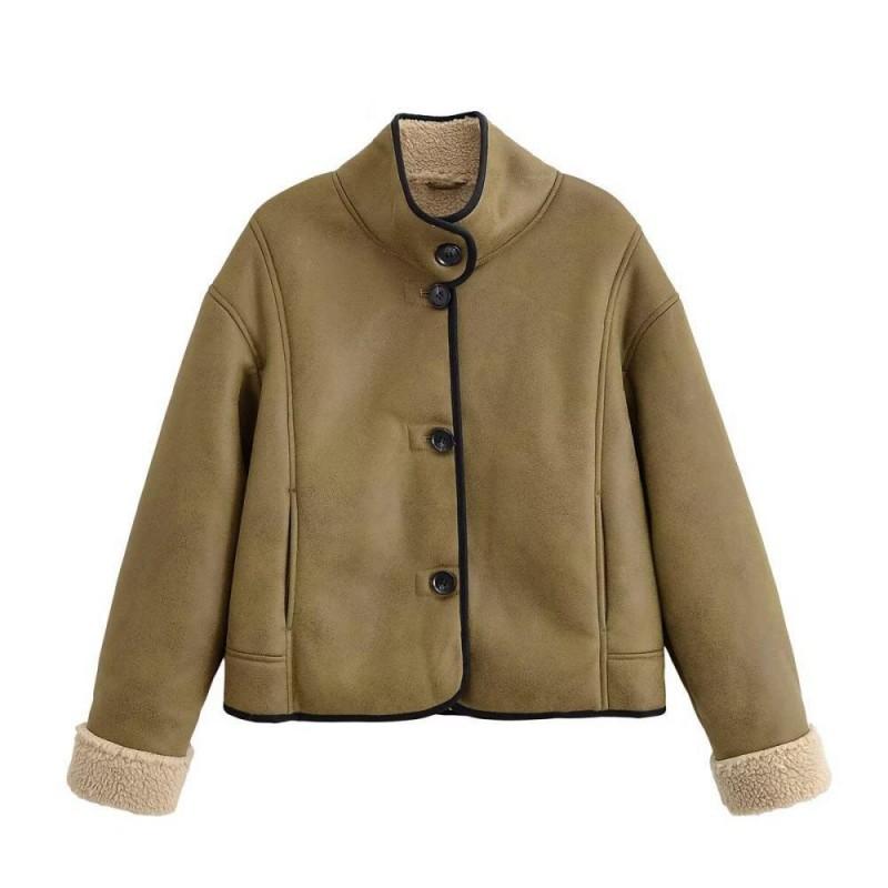 Womens Fleece-Lined Suede Jacket Short Warm Hoodless Coat Casual Korean Style Fall Winter