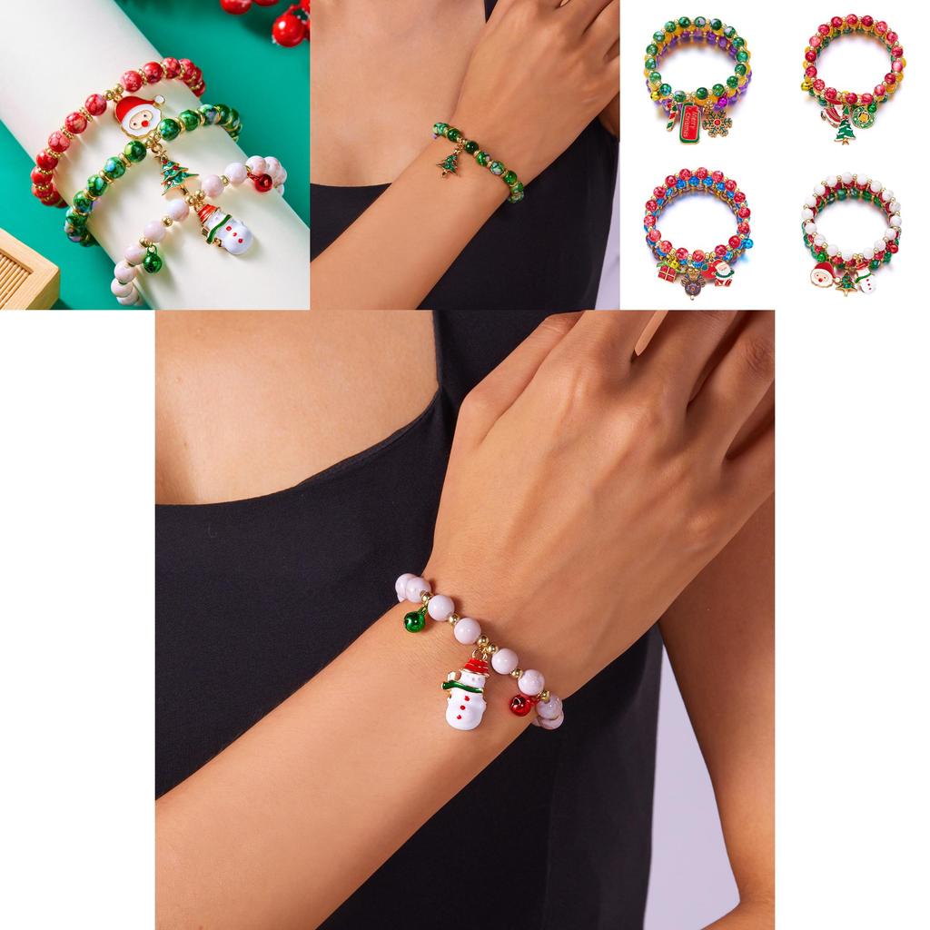Christmas Tree Santa Snowman Beaded Bracelets Set For Women Festive Gift Idea